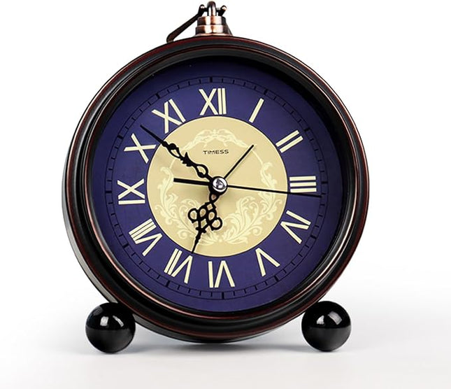 TIMESS Vintage Analog Alarm Clock, 4.3" Silent Non-Ticking Quartz Desk Clock with Roman Numerals, Battery Operated Table Clock for Bedroom, Living Room, Office, or Gift (Blue)