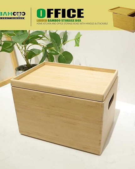 BAMOTTO Lidded Bamboo Storage Bins & Box/Cube/Basket, Home Kitchen and Office Storage Boxes with Handles & Stackable for Organizer Tableware, Clothing, Toys, Office Shelf Books, 10.2”x7.3”x6.5”