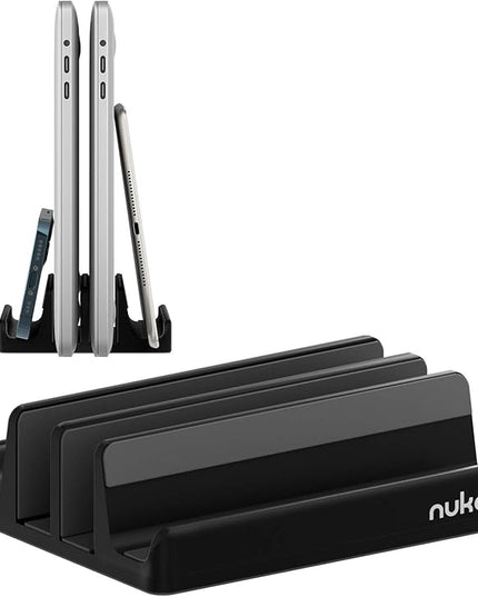 Vertical Laptop Stand - SPACEMax Adjustable GRIPLock Anti-Tip Silicone 4 Slots Aluminum Desktop Holder - Double Dock Stand - 2 Phone Slots Fits Up to 17.3” Laptops, Tablets, Phones - Black