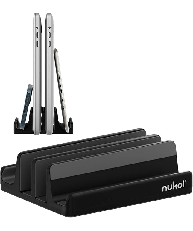 Vertical Laptop Stand - SPACEMax Adjustable GRIPLock Anti-Tip Silicone 4 Slots Aluminum Desktop Holder - Double Dock Stand - 2 Phone Slots Fits Up to 17.3” Laptops, Tablets, Phones - Black