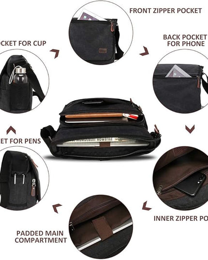 Modoker Messenger Bag for Men, 13 Inches Laptop Satchel Bags, Canvas Shoulder Bag with Bottle Pocket
