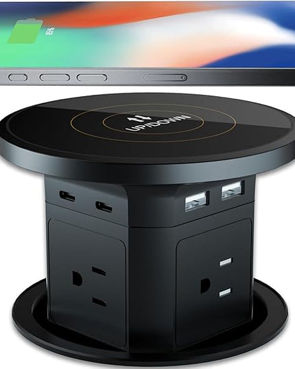 9-in-1 Pop-Up Outlet with Wireless Charging – 4 AC & 4 USB Ports, 2500W Overload Protection, 100-240V Global Voltage, 4-1/8" Cutout – Hidden Countertop Power Hub for Kitchen, Office, Conference Table