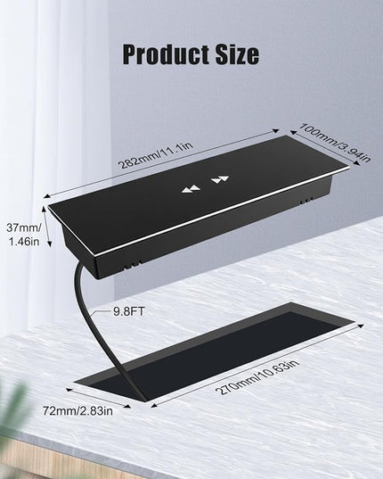 Connectivity Box Conference Table Power Box with 3 Power Sockets + 2 USB Charger, 9.8ft Power Cord, Aluminum Alloy Embedded Tabletop Outlet for Office, Conference Room, Kitchen Countertop