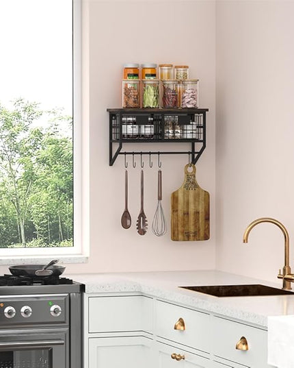Helsin Industrial Wall Mounted Metal Wood Floating Shelves with Baskets Hooks Hanging Display Shelf Sundries Holder for Coffee Bar Kitchen Bathroom Organization and Home Decor, Black (16inch, 1 Set)