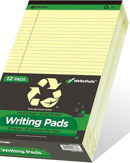 KAISA Yellow Legal Pads Writing Pads Recycled Paper 8.5"x14" Wide Ruled Lined Paper Perforated 50 sheets Hard Back Notepads Large Legal Pad Writing Tablet Canary For Office Supplies (Canary 12pads)