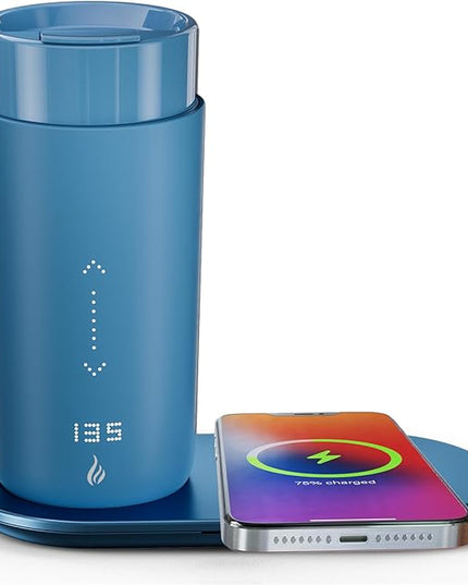 LEGARDLILIU Temperature Control Heated Coffee Mug Smart Self Heating Travel Mug 12 Oz App Controlled Warmer Mug 4-10 Hour LED Display Keep Coffee Hot Fast Wireless Charger Base Lake Blue