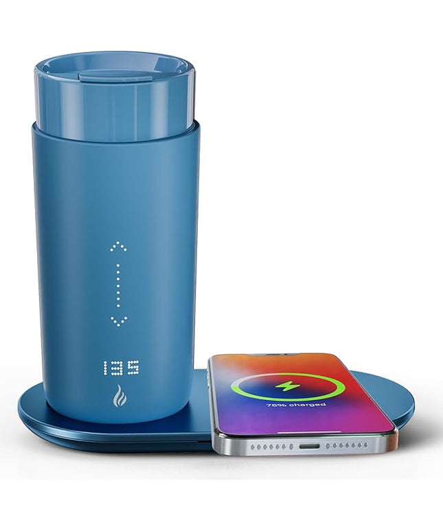 LEGARDLILIU Temperature Control Heated Coffee Mug Smart Self Heating Travel Mug 12 Oz App Controlled Warmer Mug 4-10 Hour LED Display Keep Coffee Hot Fast Wireless Charger Base Lake Blue