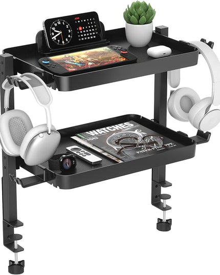 KDD Clamp On Desk Organizer - Adjustable 2-Tier Above or Under Desk Shelves with Large Capacity Tray, Phone & Tablet Holder, Headphone Hook - No Drilling Desktop Storage for Office & Home Accessories