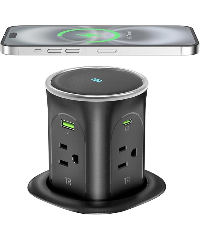 Pop Up Countertop Outlet with 2 PD 45W USB C Charging Station, 3.15 in Hole Electrical Power Outlets Insert in 4 Plugs 4 USB Ports 15W Wireless Charger for Desktop Kitchen Countertop