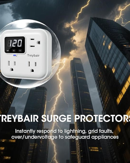Surge Protector 3-Outlet Power Strip with Voltage Stabilizer, 80V-140V Power Surge Protectors for Refrigerator, TV, Computer | LED Display, Fireproof UL94V-1, Wall Mount,1800J,2 Pack
