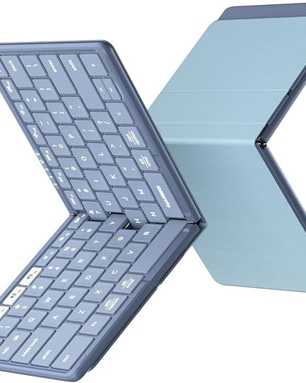 Samsers Full-Size Foldable Bluetooth Keyboard, KF08S Wireless Folding Keyboards with PU Leather Cover, Portable Travel for iPhone iPad Smartphone Tablet Laptop, Android Windows Mac OS, Blue