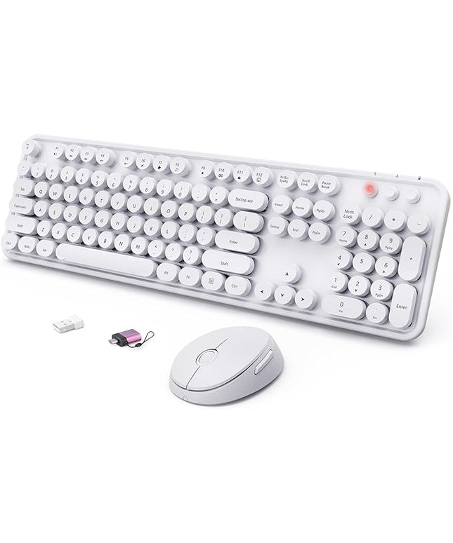 Wireless Keyboard and Mouse Combo, Ergonomic Full Size Typewriter Retro Round Keycaps Keyboard, Compatible with Windows, PC, Perfer for Home and Office Keyboards（White）