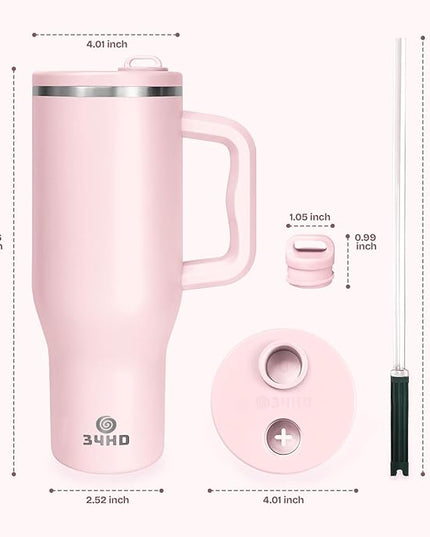 34HD 40 oz Stainless Steel Tumbler - Leakproof Insulated Water Bottle with Handle, Magnetic Lid and Flexible Straw - Iced for 48 Hours – Perfect for Men, Women, Birthday Gift, Pink - Rose Dust