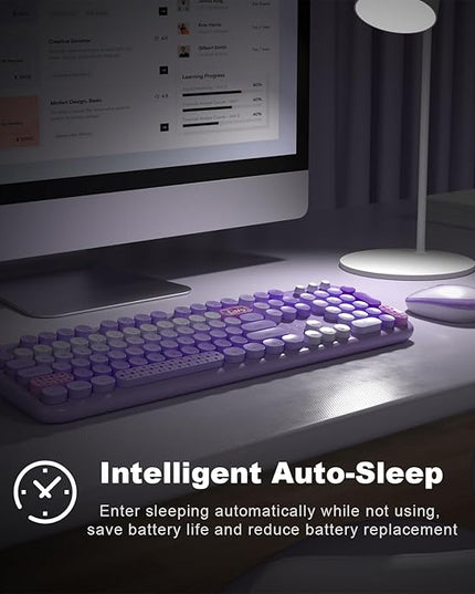 MOFII Wireless Keyboard and Mouse Combo, Full Size 2.4G Plug and Play Typewriter Retro Round Computer Keyboard and Mouse Set for Windows, Computer, Desktop, PC, Notebook - (Purple Colorful)