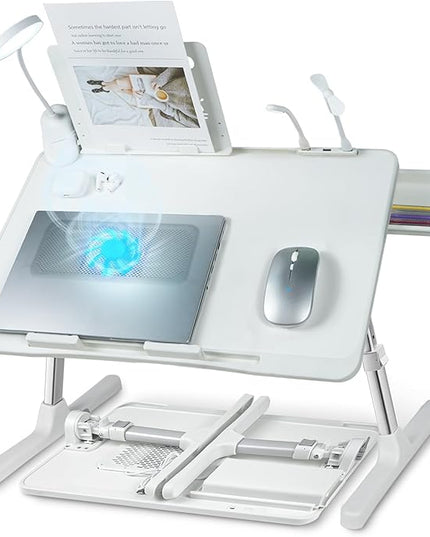 iXTRA Laptop Lap Desk with Cooling Fan - Adjustable with Light, USB, Storage Drawer - Folding Bed Desk,23.62"*15.74",White