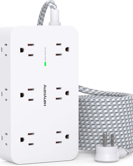 Extension Cord 15 Ft, HANYCONY Power Strip Surge Protector 12 Outlets 4 USB Ports (2 USB C), Large Desk Power Strip with Long Cord, Flat Plug, Wall Mount for Office Home College Dorm Room Essentials