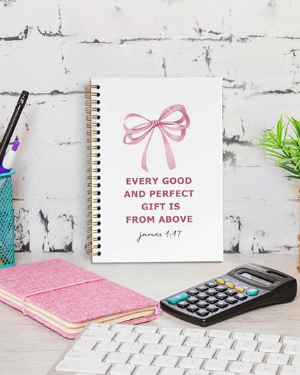 dvhdajed Coquette Christian Spiral Notebook, Bible James 1:17 Journaling Journaling Notebooks, Pink Bow Prayer Spiral Journal for Girls Women, Preppy Religious Office School Supplies Gifts,5.5x8.3 In