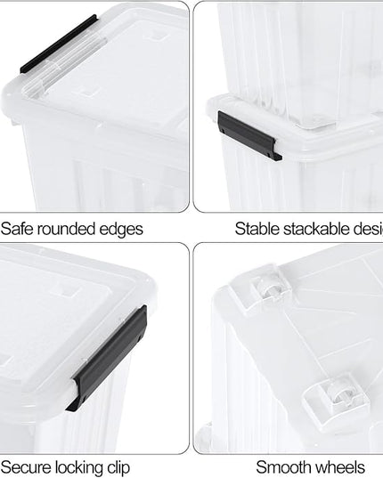 Zopnny 50 Qt Stackable Plastic Storage Bins with Lids, 4 Pack - BPA-Free, See-Through Organizing Solution, Latches, Wheels, Durable Nestable Containers, Clear