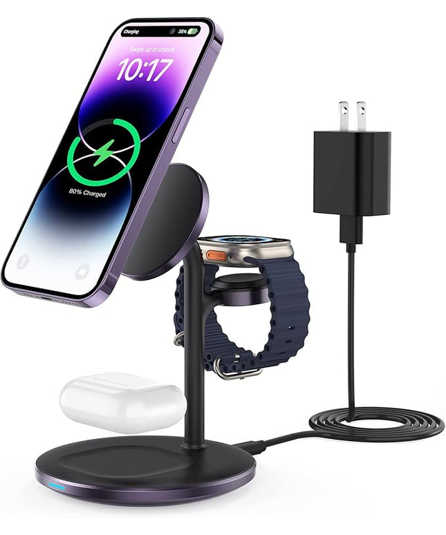XooFly 3 in 1 Wireless Charging Station for Apple Devices, Fast Wireless Mag-Safe Charger Stand with 20W Adapter for iPhone 17/16 15 14 13 12 Pro Max/Pro/Plus/Air/Mini, iWatch, AirPods(Dark Purple)