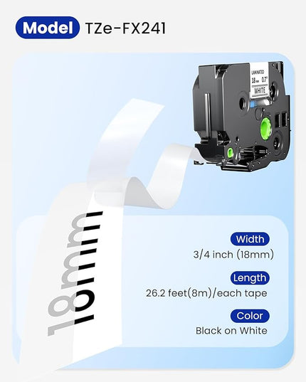 Replacement for Brother P Touch TZe-FX241 Flexible-ID Tape 18mm 0.7 Laminated White TZe TZ Flexible Label Tape for PT-D400, PT-D410, PT-D460BT, PT-D600, PT-D610BT, Black on White, 26.2 Feet, 4-Pack