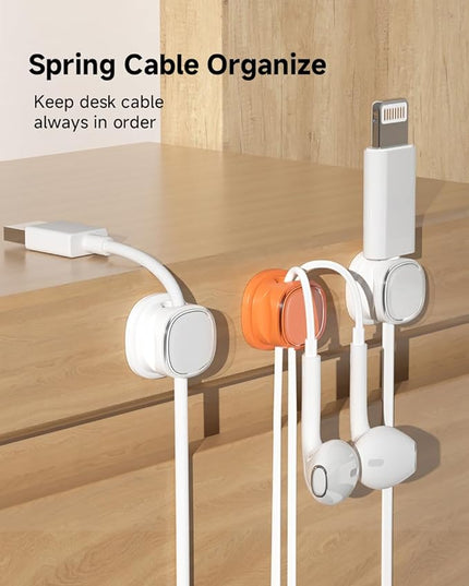 9 Pack Cord Organizer, Spring Cable Management, Adhesive Cute Cable Holder Clips, Phone Charger Wire Keeper for Desk Nightstand Car Office (9-Pack White_Orange)