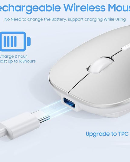 SUNGI Bluetooth Mouse for Laptop/MacBook/iPad/Android PC,Rechargable Quiet Slim Wireless Mice for Chromebook Notebook Windows/Linux/Tablet,Black,Silver