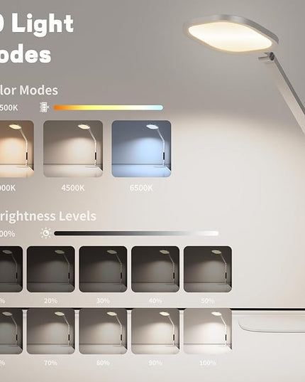 LED Desk Lamp for Home Office, Desk Light for Video Call, 3 Color Temperature 10 Brightness Computer Light, Dimmable Led Desk Light with Memory & Timer Func, Metal Swing Arm Architect Desk Lamp White