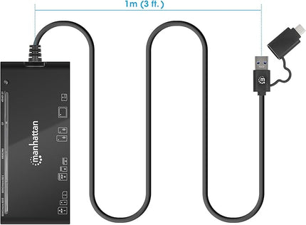 Manhattan 7 in 1 USB C & USB A Combo Multi Card Reader – Long 3 ft Cable – 5Gbps USB 3.0 - SD, TF, CF, Micro SD, XD, MS - Multiple Adapter Hub – 3 Yr Mfg Warranty – 102605