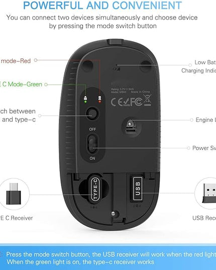 Type C Wireless Mouse，Vssoplor USB C Rechargeable Portable Quiet Laptop Mouse USB and Type C Receiver Dual Mode Mice for PC, Laptop, MacBook, Tablet-Black