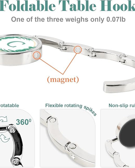 Iqimott 3pcs Personalized Initial Foldable Purse Hook for Table, Flower Letter Folding Handbag Hanger Portable Magnet Table Hook Holder, Collection Desk Purse Hooks for Women Bag (Green-C)