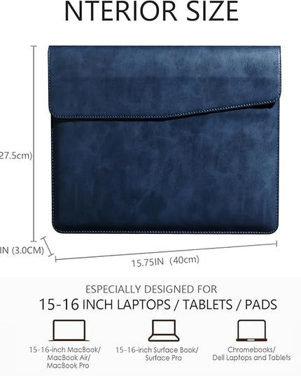 Leather Laptop Sleeve Compatible with MacBook Pro 16 Inch M4 M3 M2 M1 Pro/Max＆MacBook Air 15 Inch M4 M3 M2, Genuine Leather Protective Case Cover,Blue