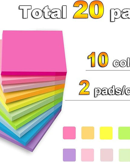 (20 Pads) Sticky Notes 3x3 in,Bright Colors Notepads,Colorful Stickies,Super Sticking Power,Memo Note Pads,Post on Windows Doors,Office,School,Strong Adhesive,Recyclable,Easy to Write on,Hold Well