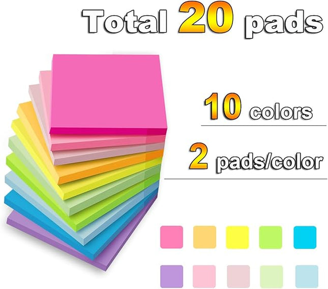 (20 Pads) Sticky Notes 3x3 in,Bright Colors Notepads,Colorful Stickies,Super Sticking Power,Memo Note Pads,Post on Windows Doors,Office,School,Strong Adhesive,Recyclable,Easy to Write on,Hold Well