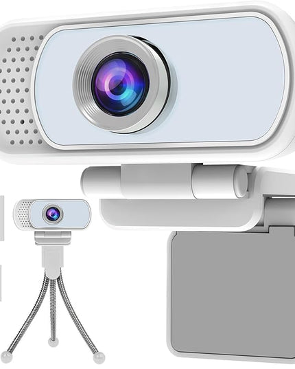 1080p White Webcam with Microphone, USB Web Camera 110-Degree View Angle Computer Camera,Webcam Tripod/Privacy Cover/USB C Adapter Include,Plug and Play Web Cam for Video Conferencing Streaming