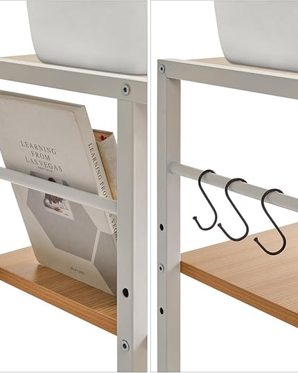 YMYNY Mobile Printer Stand, 3-Tier Printer Cart with Adjustable Storage Shelf and 6 S-Hooks, Tall Printer Table for Home Office, for Computer Tower Stand, Shredder, CPU Stand, Natural, UHPT002N