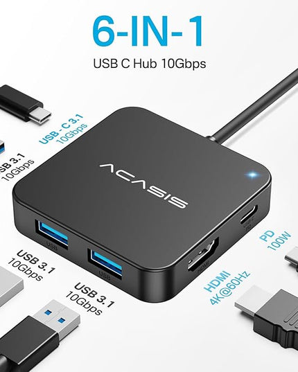 ACASIS USB C Hub 10Gbps, 6-in-1 Multiport Adapter with 4K 60Hz HDMI, 100W Power Delivery, USB A3.2 Data Port, USB C to HDMI Adapter for MacBook, Dell, Lenovo, Surface, iPad PRO, XPS(Black)