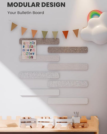 Cork Board Alternative Felt Strip Board 8-Pack 13"x2", Office Pin Board with 50 Push Pins, Adhesive Install for Bedroom Door & Home Office(Stone Beige)