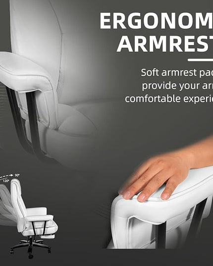 Reclining Office Chair with Footrest, Big and Tall Home Office Desk Chairs 400lbs with High Back, Criss Cross Wide Seat, Heavy Duty Base, Pu Leather, White