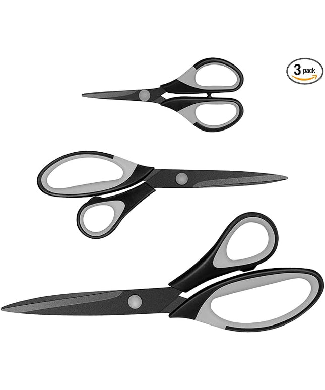 Scissors, Sharp Titanium Coating Blades, Soft Grip Handle, Multi-Purpose Scissors Set of 3 Suitable for Families, Office, and School Use, Black Grey