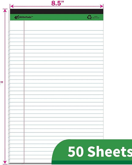 KAISA White Legal Pads Writing Pads Recycled Paper, 8.5"x14" Wide Ruled Lined Paper Perforated 50 sheets Hard Back Notepads Large Legal Pad Writing Tablet For Office Supplies (White 12pads)