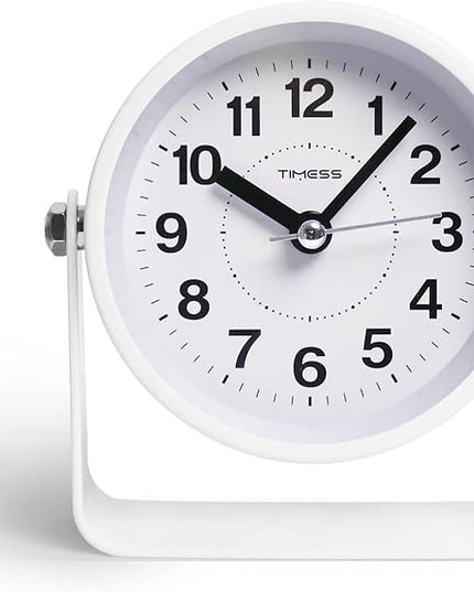 TIMESS Analog Alarm Clock, Silent Non-Ticking Quartz Movement, Battery-Operated with Snooze & On-Demand Light, Easy to Set Gentle Wake Bedside Desk Clock, Ideal for Home, Travel, Office (White)
