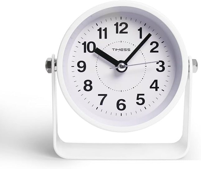 TIMESS Analog Alarm Clock, Silent Non-Ticking Quartz Movement, Battery-Operated with Snooze & On-Demand Light, Easy to Set Gentle Wake Bedside Desk Clock, Ideal for Home, Travel, Office (White)