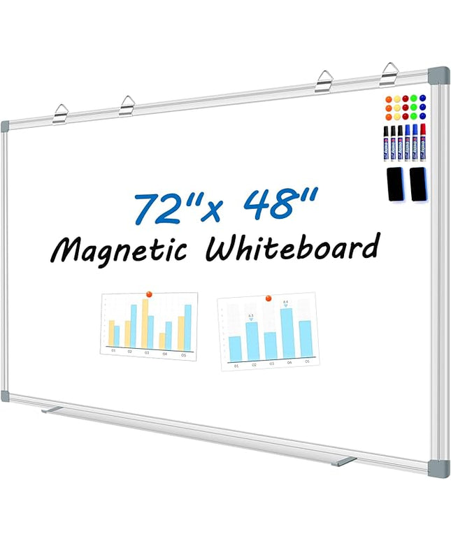 H-Qprobd 6'x4' Large Magnetic White Board Dry Erase Whiteboard with Aluminum Frame, 72"X48" Hanging White Boards for Wall with Long Pen Tray, Presentation Board for Office Classroom Home