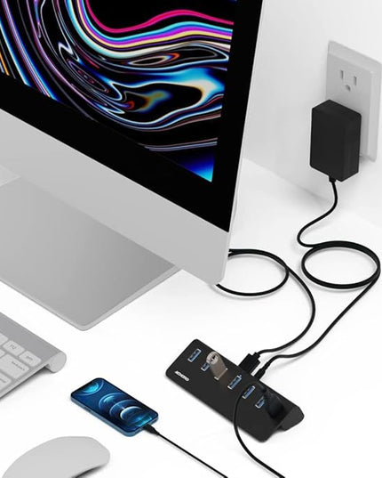 Achoro 7 Ports Powered USB HUB – 2nd Generation 10GB Super Speed External USB Port – USB 3.2 Aluminium USB Hub for Computer, Mac, PCs, Smartphone & Tablets – Computer Multiple USB Hub (Powered Black)