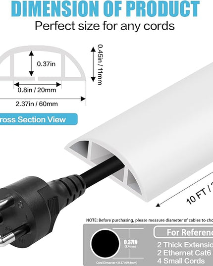 Floor Cord Cover Cavity 0.8"x0.37" Self Adhesive Cord Hider, 10FT Low Profile Cable Management, Extension Strip Protector for Wires, Prevent Cable Trips for Offices, Gyms, Exhibitions（White）
