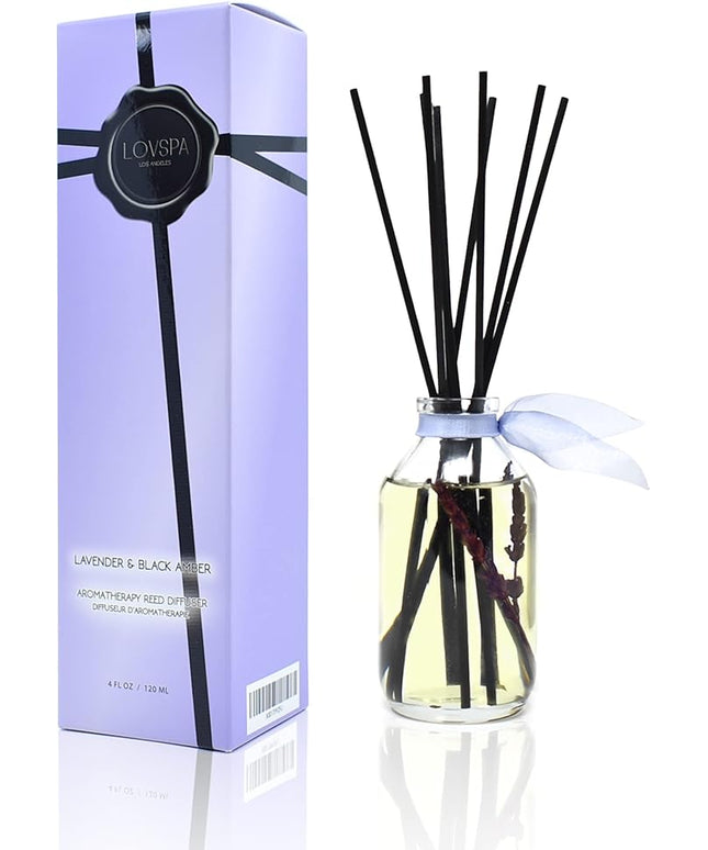 LOVSPA Reed Diffuser Set, Lavender & Black Amber Scented Oil Diffuser with Sticks, Home Fragrance Accessories for Bathroom Shelf Decor, Aroma Diffusers for Home or Office Desk, USA Made