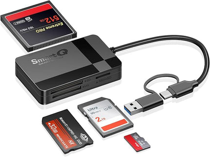 SD Card Reader, Memory Card Reader 4 in 1 USB C USB 3.0 Dual Connector Adapter Simultaneously Read SD MS CF TF Cards Supports Micro SD/Micro. Compatible with desktops, Tablets, and USB-C Smartphones