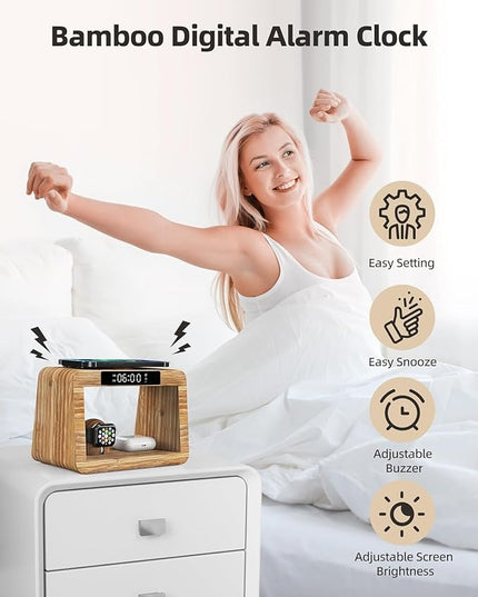 Bamboo Wireless Charging Station,Wireless Charger with Clock & Light,Fast Charger Stand Compatible with iPhone17/16/15/14/13/12/11 Pro Max/X/Xs/AirPods 4/3/AirPods Pro3/2/1, Apple Watch Series