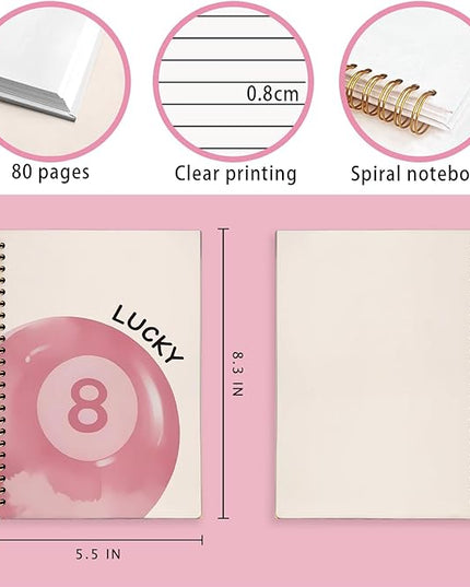 Pink 8 Ball Coquette Spiral Notebook,Preppy Aesthetic Journal Notebook, Pink Girly Notebook, Preppy Gifts for Women, Office Supplies, Hardcover Spiral Notebook 80 Sheets -160 Pages 5.5x8.3 Inch