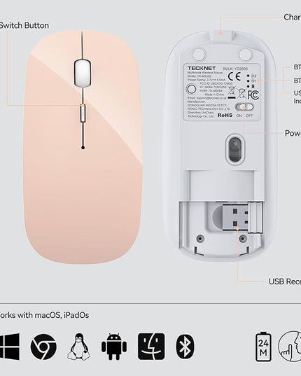 TECKNET Bluetooth Wireless Mouse, Rechargeable Silent Portable Computer Mouse, 6 Adjustable DPI, Dual Mode (Bluetooth 5.2/3.0 and 2.4G USB Receiver) for Laptop, iPad, MacBook, PC, Desktop, Android